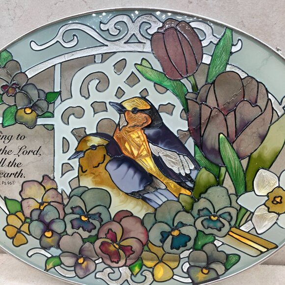 Joan Baker Designs Vintage Hand Painted Sun Catcher Goldfinch’s Oval Scripture - Picture 5 of 9
